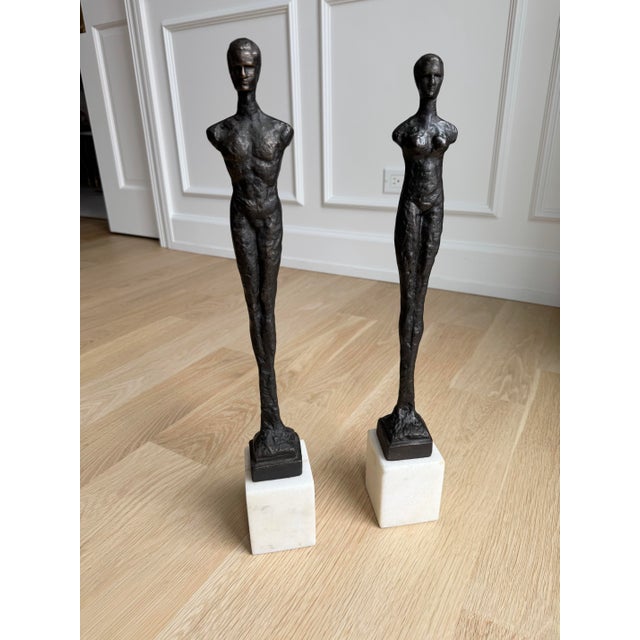 Vintage Brutalust Global Views Giacometti Style Male & Female Figural Sculptures on Marble Bases — Pair For Sale In Chicago - Image 6 of 6