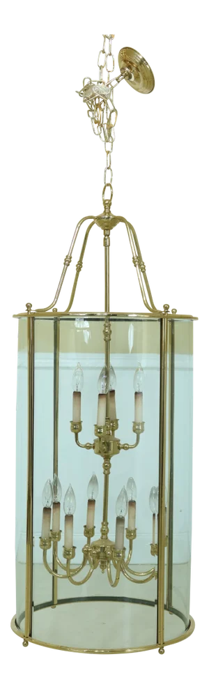 Large 12 Light Round Brass & Bowed Glass Chandelier