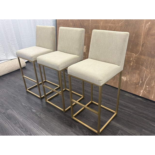 Rh Emery Armless Fabric Counter Stools – Set of 3 Perennials® Performance Textured Linen Weave – Sand | Burnished Brass | Counter Height For Sale - Image 15 of 18