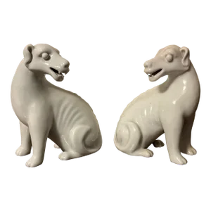 Antique 19th Century Chinese Monochrome Blanc De Chine Porcelain Figures of Hounds or Dogs - a Pair