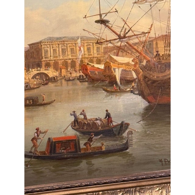 Early 20th Century Antique Oil on Canvas Painting of a Venetian Harbor For Sale - Image 5 of 8