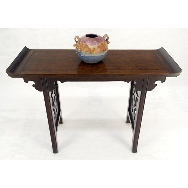 Baker Solid Walnut Pierced Carved Legs Rolled Edge Asian Console Sofa Table MINT For Sale - Image 13 of 15