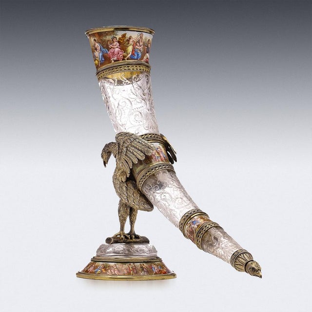 Antique 19th Century Austrian exceptionally rare solid silver gilt, enamel and rock crystal drinking horn, by Hermann...