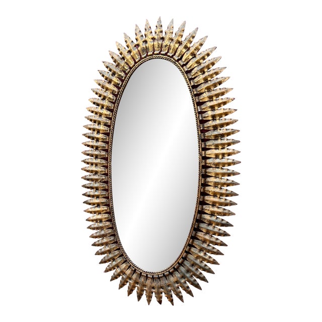 Large Spanish 1950's Oval Gilt Metal Sunburst Mirror For Sale