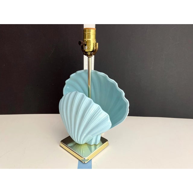 Sky Blue Ceramic Shell Lamp & Shade, C1970 For Sale - Image 10 of 18