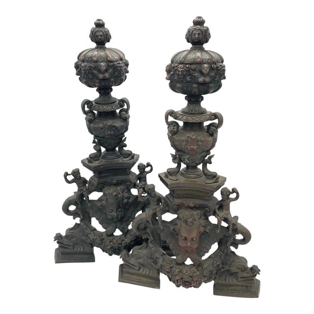 Antique Pair of Large Ornate Bronze Figural Chenet Andirons For Sale