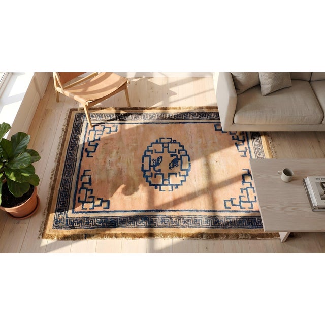Textile 1750s Orange Peach Medallion Hand Knotted Wool Antique Chinese Ningxia Rug 2' 7" X 4' 9" Carpet For Sale - Image 7 of 9