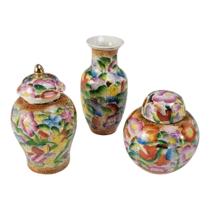 Vintage Chinese Hand-Painted Floral Porcelain Vases and Ginger Jars, Set of Three With 24k Gold Accents