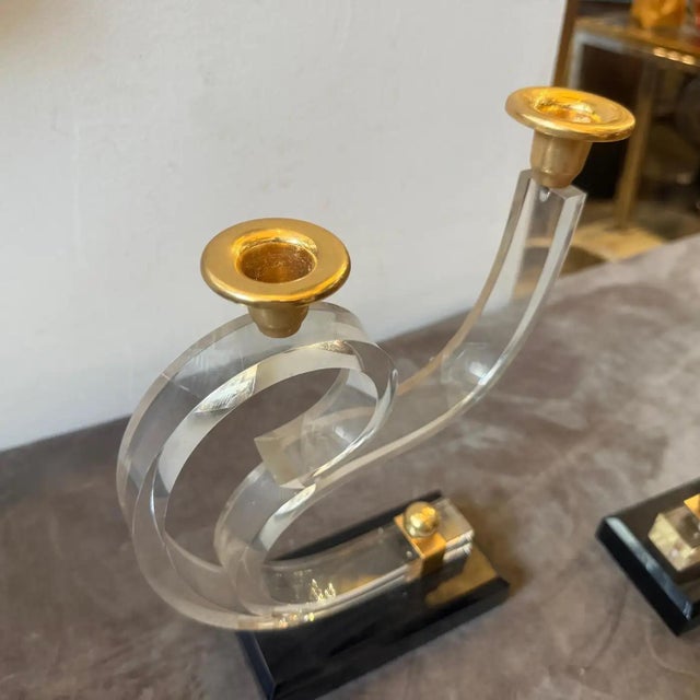 1970s Two 1970 Mid-Century Modern Black and Clear Lucite and Brass French Candlesticks For Sale - Image 5 of 14