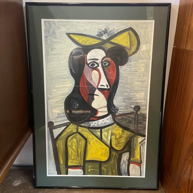 Black Framed Picasso Lithograph Portrait De Femme Au Chapeau Et a La Robe Vert Jaune From the Marina Picasso Collection Circa 1982 For Sale - Image 8 of 8
