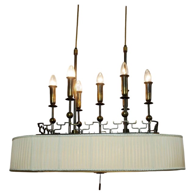 Art Deco Brass and Glass Billard or Snooker Chandelier, 1950s For Sale