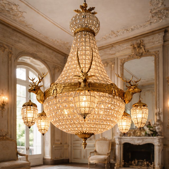 Vintage French Louis XVI Gilt Bronze Deer Chandelier Mid-20th Century | 1 Piece Make a bold, aristocratic statement with...