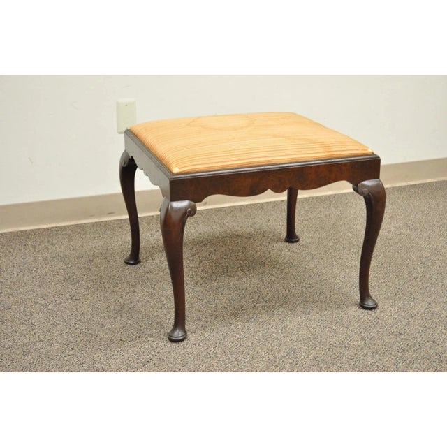 Antique Schmieg & Kotzian Mahogany Wood Queen Anne Square Stool Bench Ottoman For Sale - Image 9 of 11