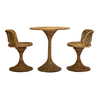 1950s Wicker Rattan Dinette with Swivel Seats - 3 Pieces For Sale