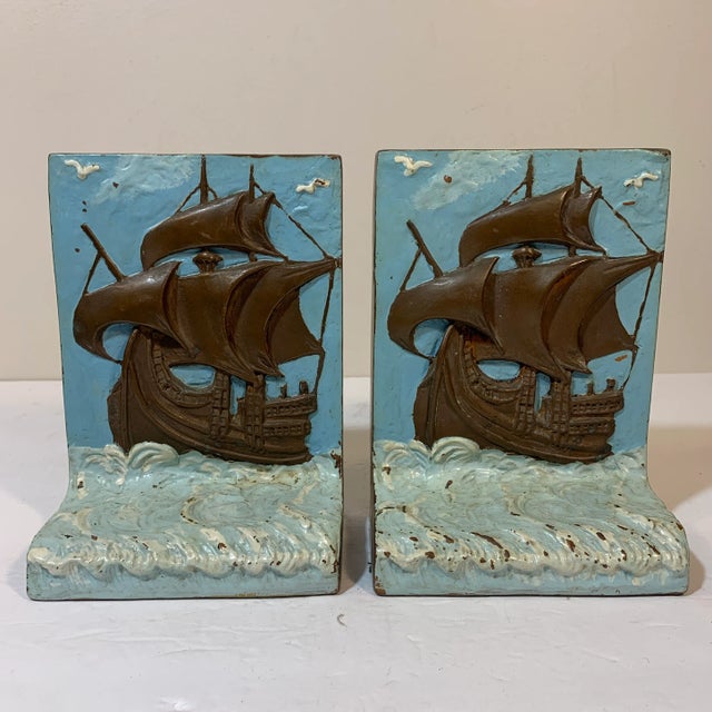 Sky Blue Antique 1920s Painted Bronze Clad Tall Ship Mayflower Bookends - a Pair For Sale - Image 8 of 8