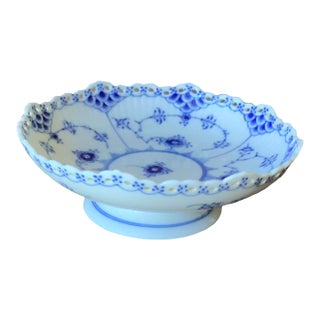 1970s Royal Copenhagen Blue Fluted Full Lace Footed Bowl 1023 For Sale