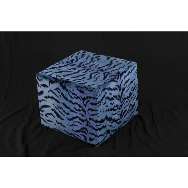 Royal Blue New Le Tigre Scalamandre Ottoman, Tiger Print Velvet Vanity Stool or Footstool For Sale - Image 8 of 9