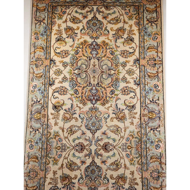 Beige Fine Persian Tabriz Runner, Hand-Knotted Wool & Silk, Floral Medallion Pattern, Ivory & Pale Sage, 3x13 For Sale - Image 8 of 15