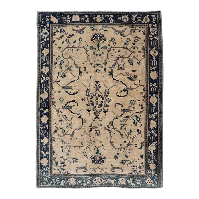 Vintage Turkish Oushak Rug With Vining Florals in Cream and Sapphire Blue For Sale