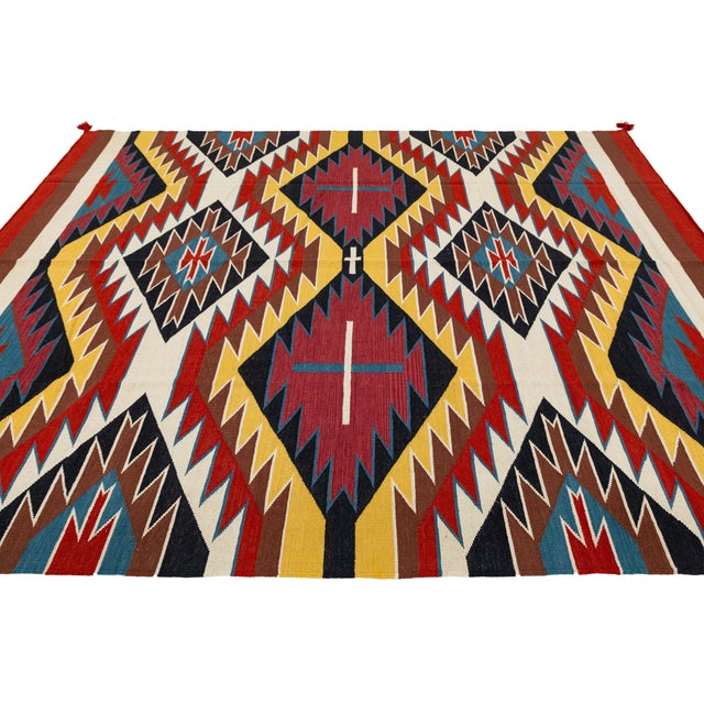 Textile Modern Multicolor Navajo Style Wool Area Rug With Geometric Eye Dazzler Motif For Sale - Image 7 of 8