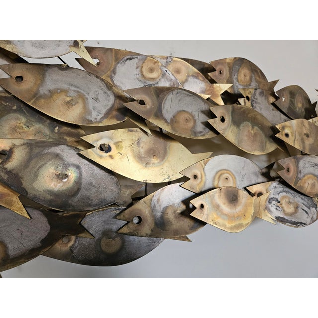Vintage Signed "C Jere' 68" Brutalist Brass "School of Fish" Wall Sculpture For Sale - Image 6 of 7