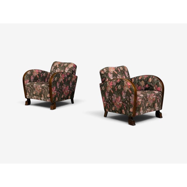 1940s Swedish Modern, Art Deco Lounge Chairs, Stained Birch, Fabric, Sweden, 1940s For Sale - Image 5 of 13