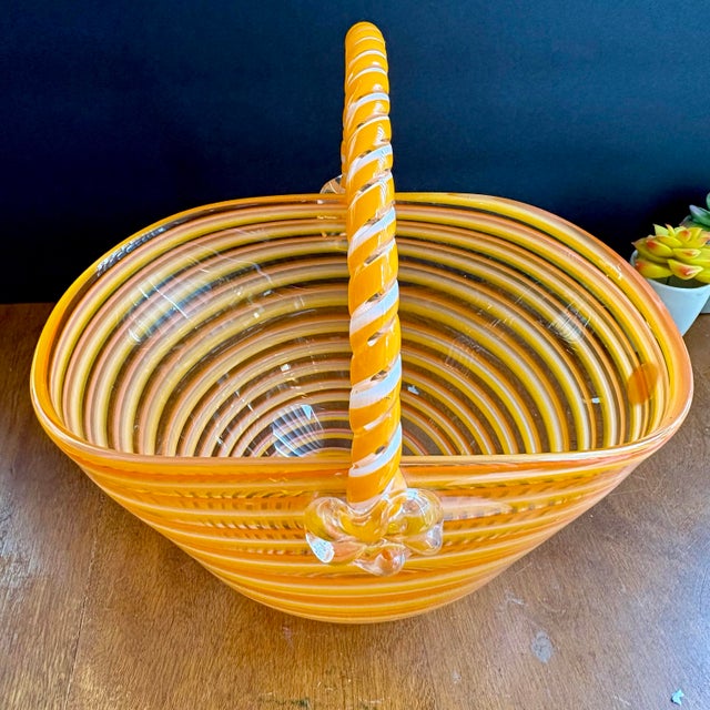 1990s Vintage Art Glass Basket Bowl by Block Crystal – Orange White Striped Murano Style Hand Blown Glass Basket – Decorative Glass Centerpiece For Sale - Image 5 of 9