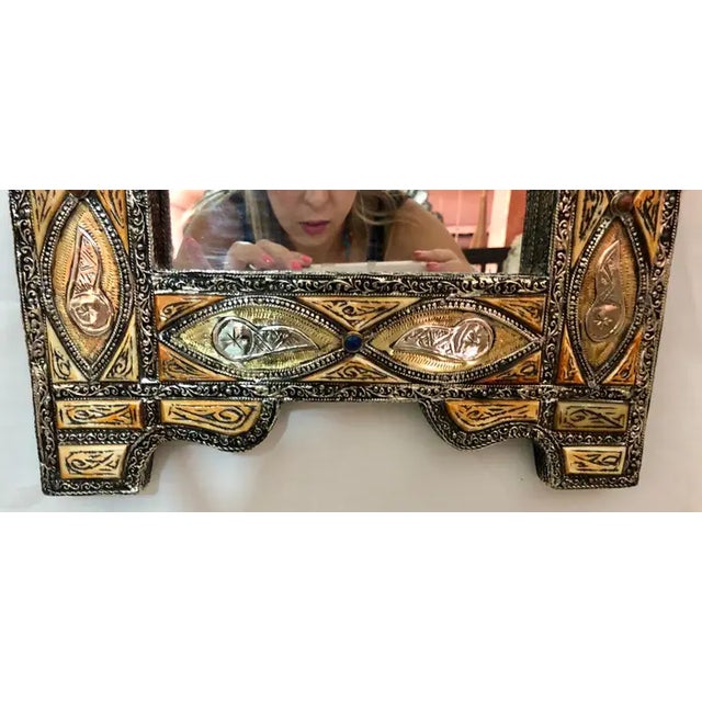 Wood Vintage Moroccan Moorish Handmade Arched Vanity or Wall Mirror With Brass Inlay For Sale - Image 7 of 12