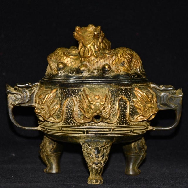 Chinese Ornate Bronze Dragon Censer - Chinese Style Incense Burner With Foo Dog Lid For Sale - Image 3 of 8