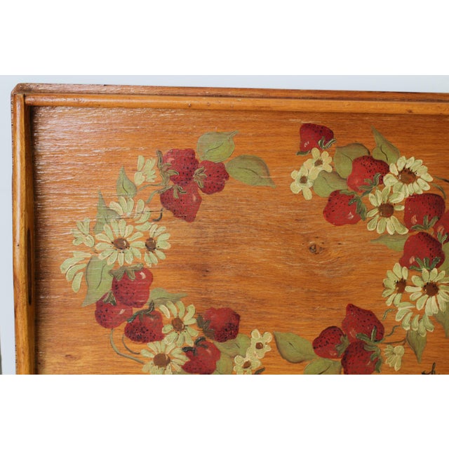 1974 Signed Hand-Painted Strawberry Wooden Tray For Sale - Image 4 of 14