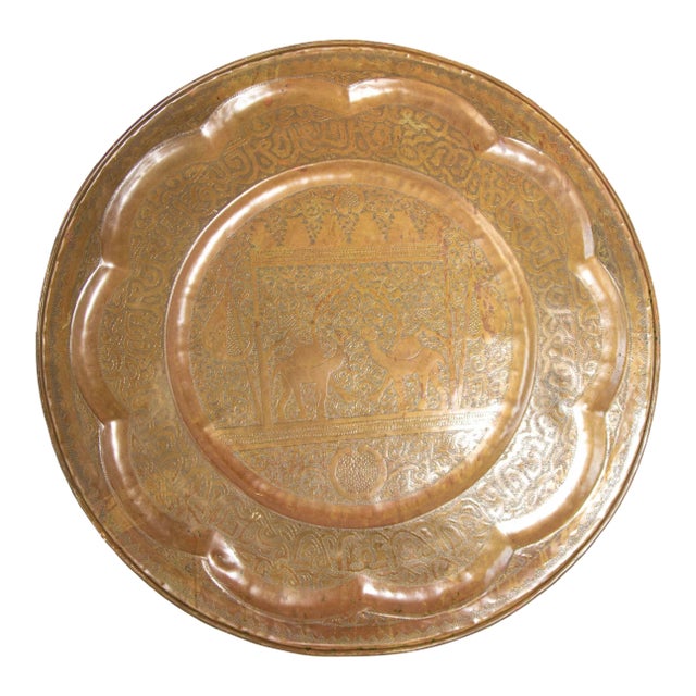 Large Moroccan Round Brass Tray Wall Decor 38 Inches Circa 1950's For Sale