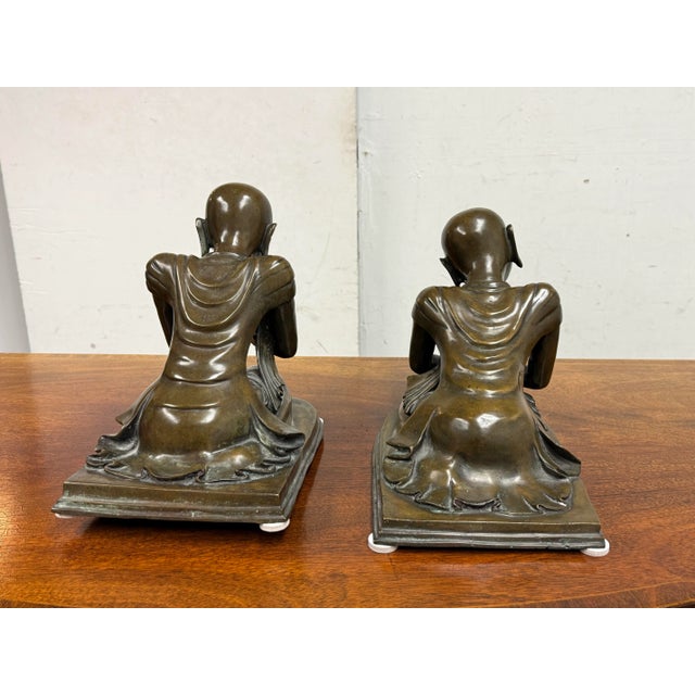 Late 20th Century Mid 20th Century Bronze Burmese Monk Statues, Pair For Sale - Image 5 of 12
