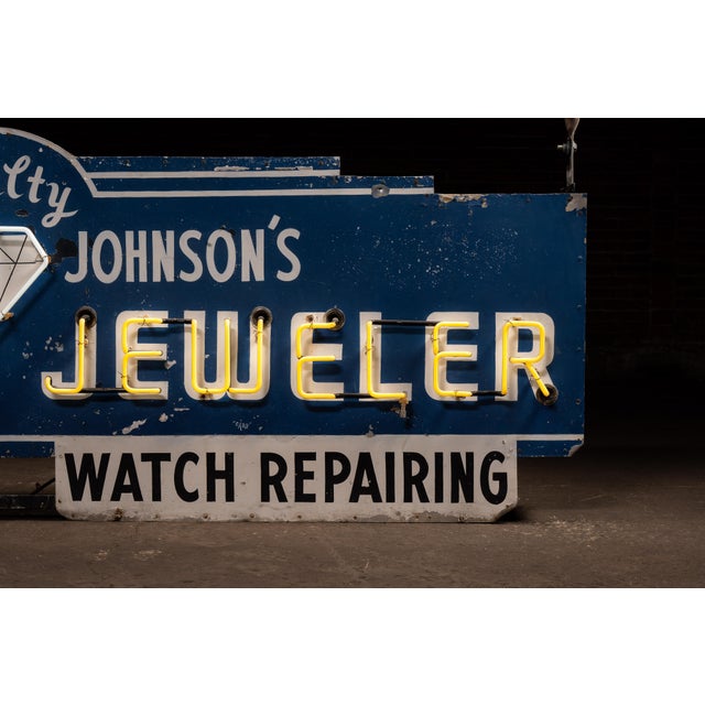 Metal Vintage "Johnson's Jeweler-Watch Repairing" Double-Sided Neon Sign For Sale - Image 7 of 17