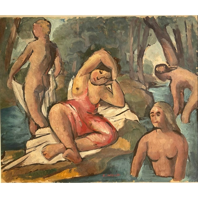 Gouache on paper representing naked women taking a bath in a stream in the heart of nature. Signed and countersigned at...