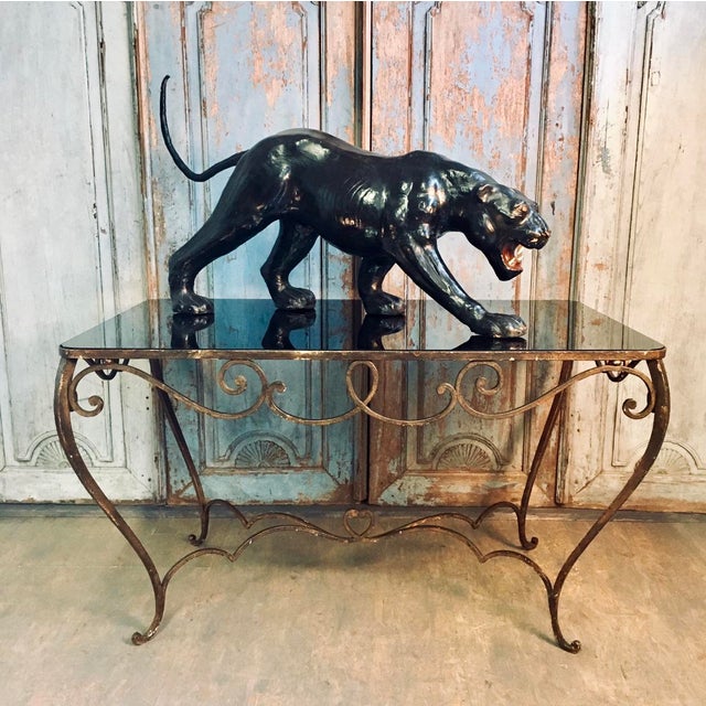 French Art Deco Wrought Iron Dining Table with Black Colored Glass, 1930s For Sale - Image 9 of 18