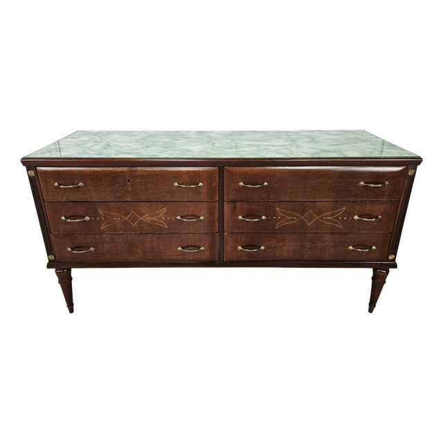 Vintage Six-Drawer Oak Chest of Drawers with Glass Top, 1960 For Sale