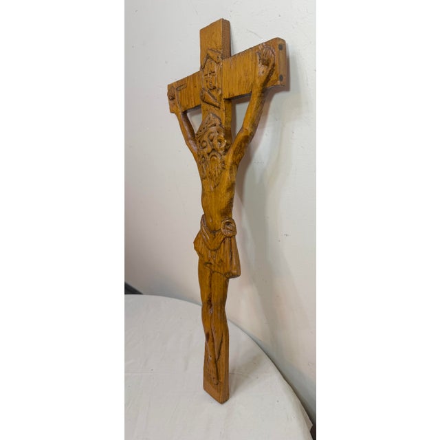Big Vintage Hand Carved Wood Folk Art Religious Jesus Crucified Cross Sculpture For Sale - Image 13 of 15