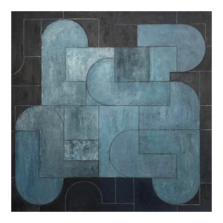 Contemporary Geometric, Abstract Oil and Cold Wax Painting Monochromatic Blue/Grey by Stephen Cimini For Sale