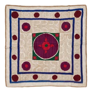 Asian Suzani Tablecloth — 1970s Textile — 4'3'' X 4'4'' For Sale