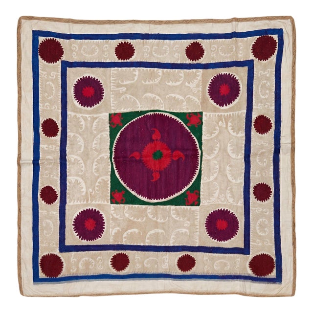 Asian Suzani Tablecloth — 1970s Textile — 4'3'' X 4'4'' For Sale