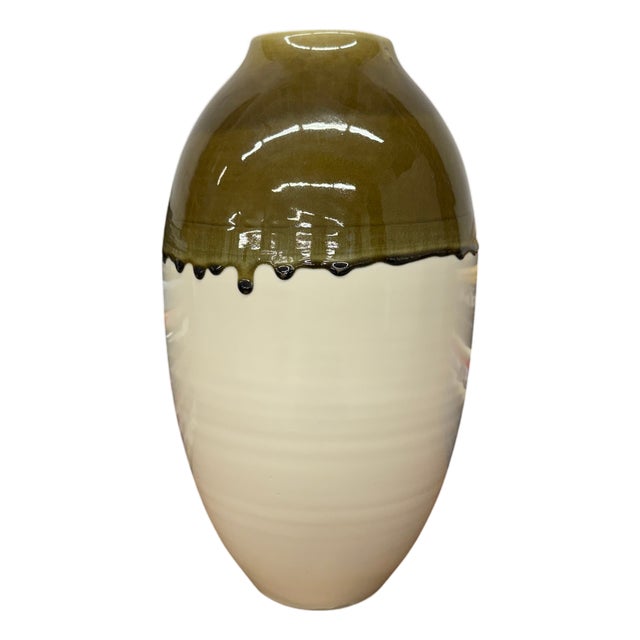 Olive Green & Black Drip Ceramic Vase with Cream White Body For Sale