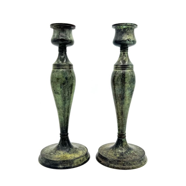 Metal Vintage Brass Candlesticks With Verdigris Finish – Pair – Neoclassical / European Traditional For Sale - Image 7 of 9