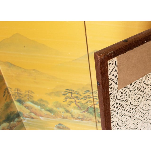 C. 1960s "Landscape With River and Boats", Showa Era Japanese Painted Silk Byobu Screen For Sale - Image 15 of 18