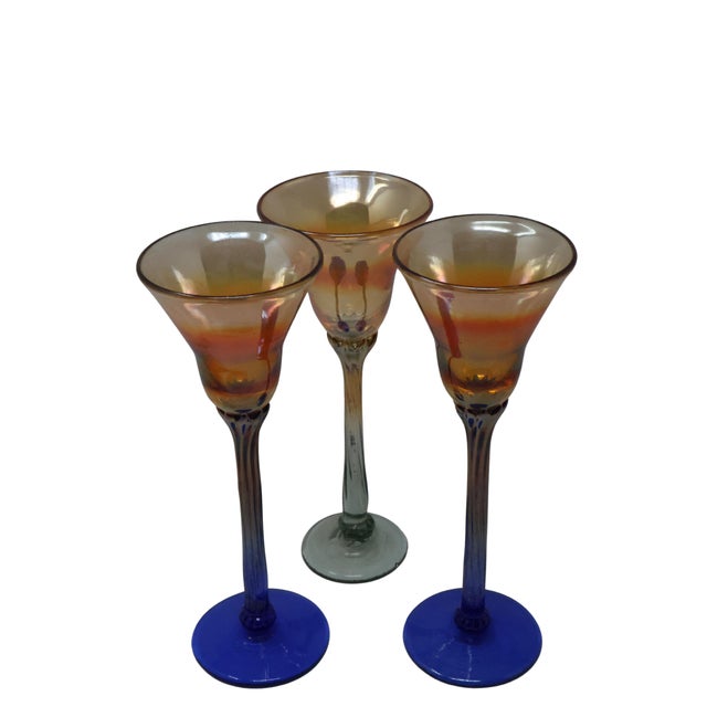 Contemporary Late 20th Century Rick Strini Signed Iridescent Amber & Cobalt Tulip Art Glass Goblets, Set of 3 For Sale - Image 3 of 18