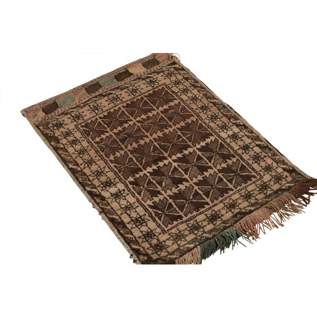 Tribal Antique Baluch Persian Rug in Beige-Brown Geometric Pattern, Pink Accent For Sale - Image 3 of 8