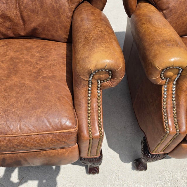 Vintage Motioncraft Chippendale Leather Wingback Recliners Ball & Claw Pair For Sale - Image 12 of 16