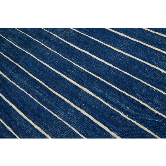 Navy Blue Modern Kilim Flat-Weave Navy Blue Oversize Wool Rug With Stripe Pattern For Sale - Image 8 of 10