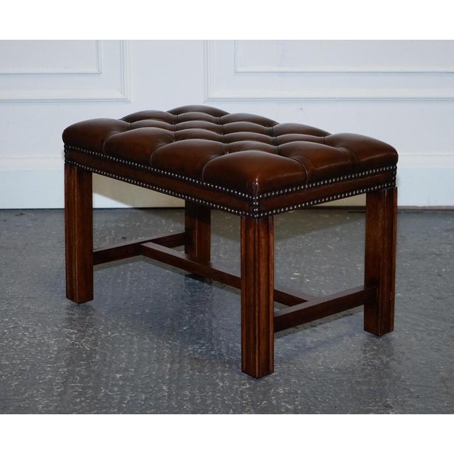 Vintage Chesterfield Hand Dyed Brown Leather Tuffed Footstool For Sale - Image 9 of 18