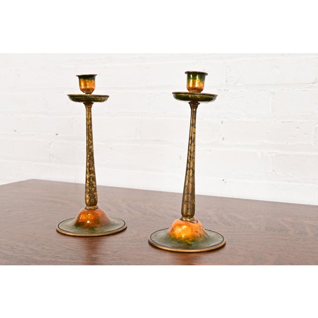 Art Deco Louis Comfort Tiffany Furnaces Favrile Bronze and Enamel Candlesticks, Pair For Sale - Image 3 of 12