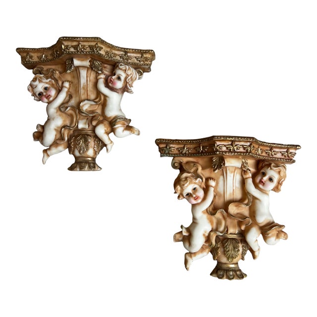 Pair of Cherub Resin Wall Brackets/Sconces With Gold Accents For Sale